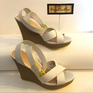 Sbicca - White & Neon Yellow Ankle Strap Wedges!